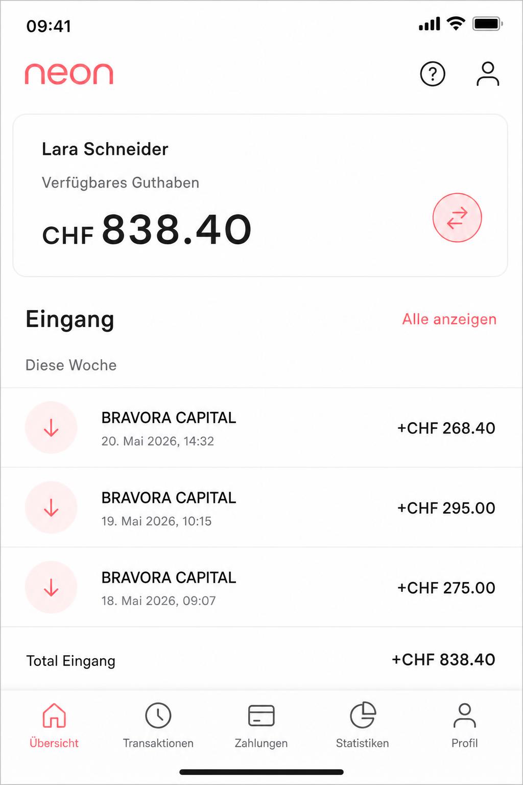 Neon-App — drei BVRA-Auszahlungen diese Woche